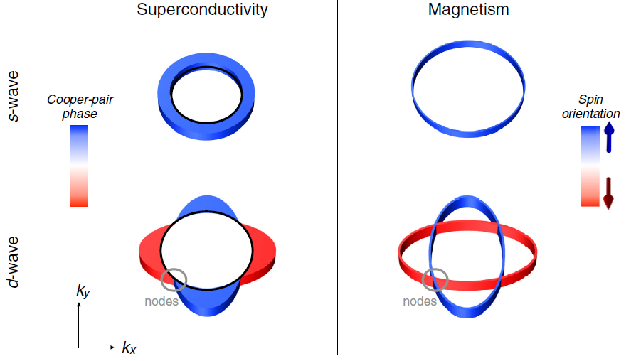 图1：波超导体与常规磁体、波超导体与波交错磁体类比示意图. (图片来自：L. Šmejkal, et al, Phys. Rev. X 12, 040501 (2022).)